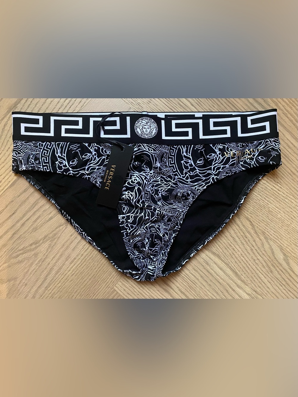 Versace Black & White Logo Waistband Swim Brief
